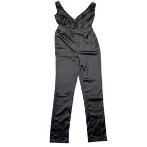 Lyn Around Black Satin V-Neck Jumpsuit Sleeveless Slim Leg Evening Wear Size XS